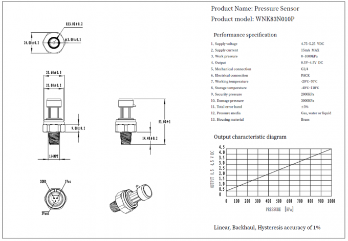 Αισθητήρας πίεσης ορείχαλκου χαμηλότερου κόστους 0.5-4.5V για την υγρή μέτρηση επιπέδων